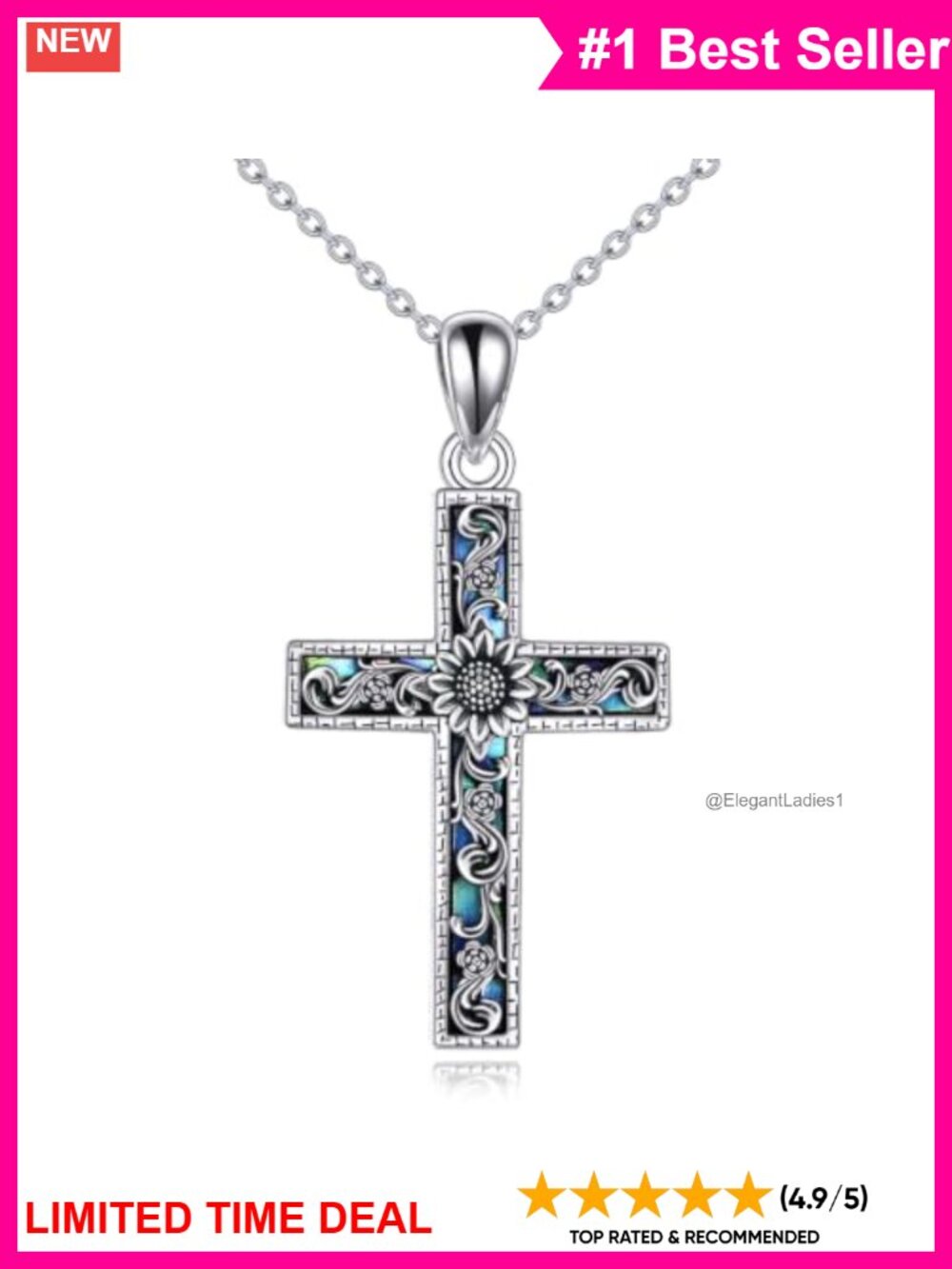 Abalone Cross Necklace Silver Rose Flower Pendant 18+2" Lobster Clasp